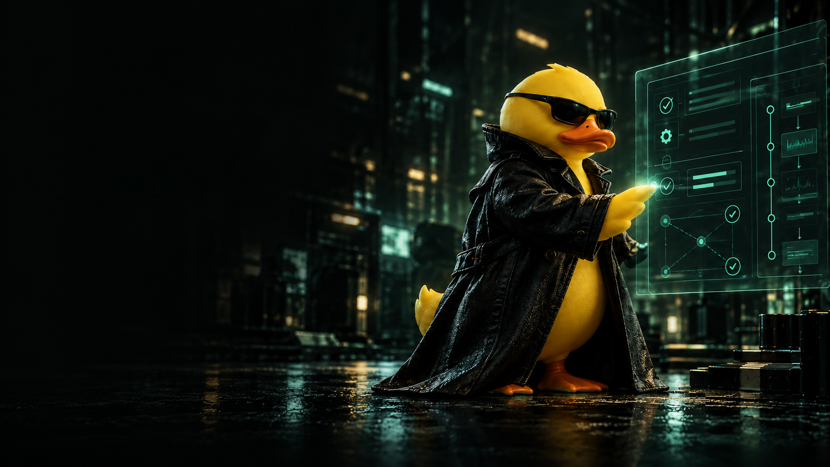 TurboDuck’s yellow duck inspector in a black leather coat and sunglasses examines an illustrated agent workflow.